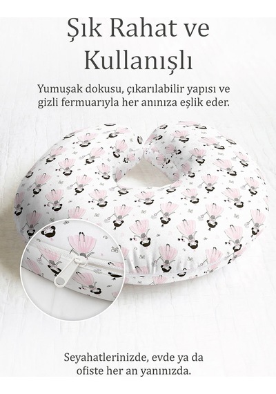 Prenses Desenli Pamuklu Boyun Yastığı - Çizimli Figürler Pembe Beyaz Yumuşak Seyahat Yastığı Deniz Vişne