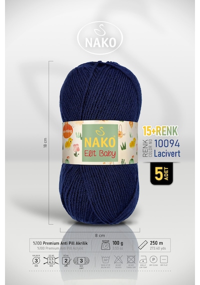 Elit Baby - 10094 Lacivert - 5'li Paket - 100gr/250m - Bebek İpi - Anti Pilling Tüylenmez İp