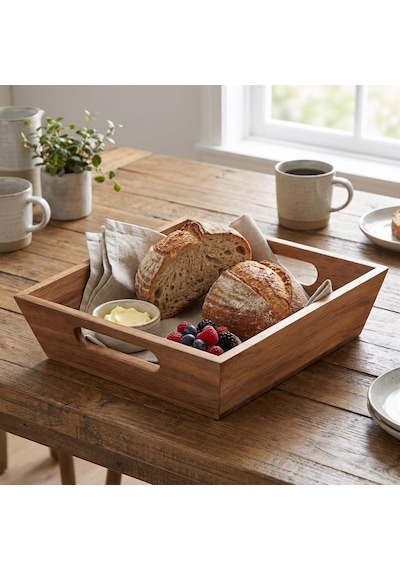 Lexroo Akasya Ekmek Sepeti 20 X 20 Cm, Kulplu Ahşap Ekmeklik, Kare Kahvaltı Ve Sunum Sepeti, Poğaça Çok Renkli