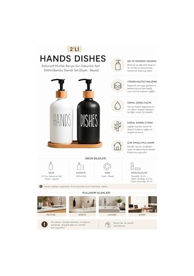 2'li Hands Dishes Siyah Beyaz Cam Sıvı Sabunluk Seti 500 Ml, Bambu Standlı Dekoratif Mutfak &amp Amp Banyo Sabunluk Diğer