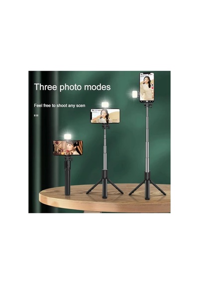 R1s Selfie Çubuğu Led Işıklı Bluetooth Kumandalı Özçekim Sopası Yatay Dikey Kullanılabilen Tripod