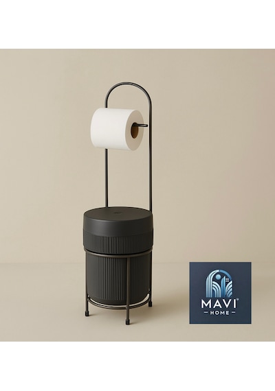 Kovalı Tuvalet Kağıtlığı, Çöp Kovalı Tuvalet Kağıdı Askısı, Banyo Çöp Kovası, Tuvalet Kağıtlık Siyah