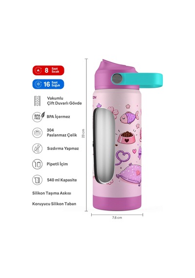 Puccon 540 Ml Sevimli Kedi Baskılı Mor - Beyaz Kız Çocuk Pipetli Çelik Termos Matara/suluk - 60044