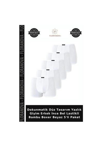 Floranova Dokunmatik Düz Tasarım Yazlık Giyim Erkek İnce Bel Lastikli Bambu Boxer Beyaz 5'li Paket