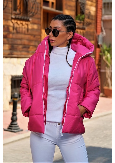 Keyifli Moda Kadın Fuşya Su Geçirmez Kapüşonlu Şişme Mont
