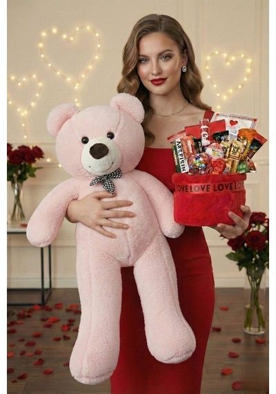 3 Lü Kadınlar Günü Hediye Seti 90 Cm Peluş Ayı, Love Çikolata Sepeti & Mavi Peluş Ayıcık Buketi 83560051