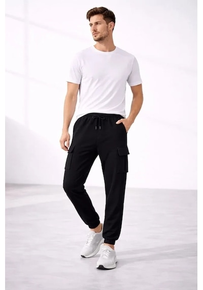 Vexor Erkek Jogger Eşofman Altı Regular Fit , Kargo Cepli, Lastikli Paça, Günlük Spor Pantolon - Siy Siyah