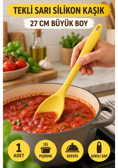 Tekli Sarı Büyük Boy Silikon Kaşık 27 Cm Mutfak Yemek Pişirme Ve Servis Kaşığı Sunum Ve Pişirme İçin