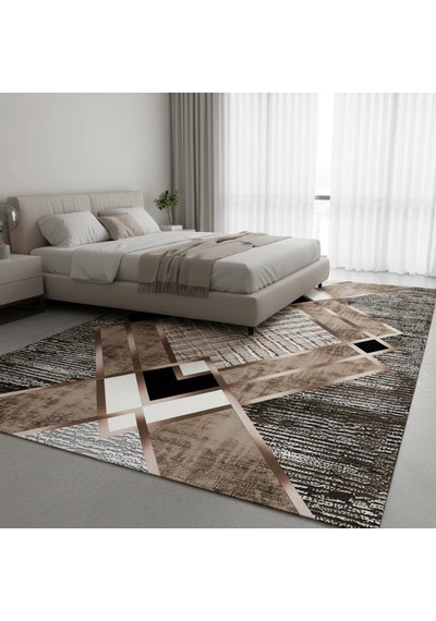 Krem Ve Bakır Renklerde Modern Geometrik Desenli Dijital Baskılı Halı Kaymaz Tabanlı, Üçgen Ve