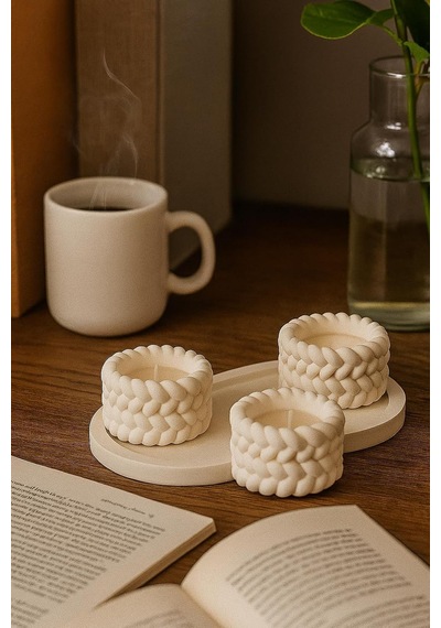 Tr Örgü Desenli 3'lü El Yapımı Mumluk Seti Tealight Uyumlu Modern & Doğal Dekoratif Aksesuar + Tealight Mum He Diğer