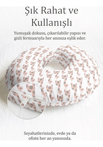 Sevimli Zürafa Desenli Pamuklu Boyun Yastığı - Pastel Bej Pembe Yumuşak Seyahat Yastığı Açık Taş Bal