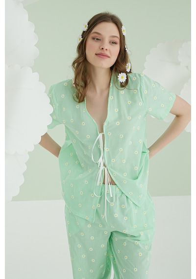 Nbb Kadın Yeşil Papatya Desenli Önden Bağlamalı Pijama Takımı YESIL