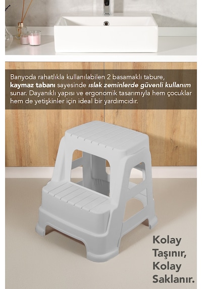 Büyük Boy 2 Basamaklı Merdiven Tabure - Kaydırmaz Tabanlı Çok Amaçlı Basamak Tabure Gri