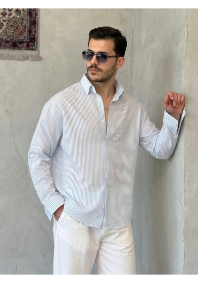 Erkek İnce Çizgili Gofre Kumaş Rahat Kalıp Gömlek Açık Mavi