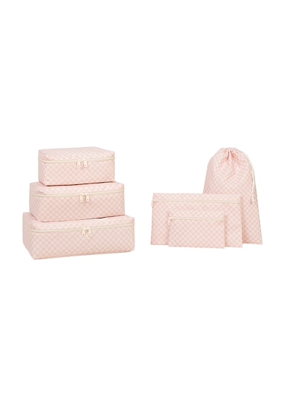 Ocean Home Textile 6'lı Pembe Dama Desen Pamuklu Bavul İçi Düzenleyici Set Pembe