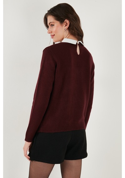 Lela Premium Regular Fit Gömlek Yaka Yumuşak Dokulu Fiyonk Detaylı Taşlı Bayan Kazak 680Kz00035 Bordo