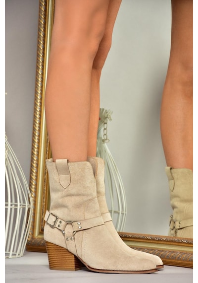 Fox Shoes T296094002 Bej Süet Kovboy Model Kalın Tabanlı Kadın Bot Bej-süet Bej