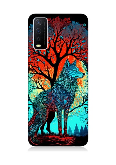 Vivo Y20s Uyumlu Silikon Kılıf Tribal Vitray Kurt Ve Ağaç