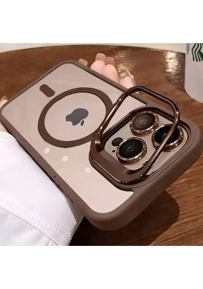 İphone 16 Pro Max Uyumlu Kılıf Klon Stantlı + Lens Korumalı Magsafe Telefon Kılıfı Bronz