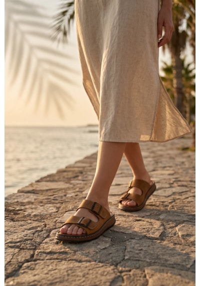 Fame Step Hakiki Deri Unisex Ortopedik Yumuşak Taban Comfort Yazlık Günlük Terlik Çift Terliği Tokalı Taba