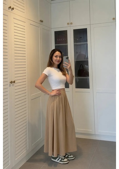 Kadın Bej Poplin Kumaş Uzun Etek Beli Lastikli Günlük Maxi Etek 90 Cm