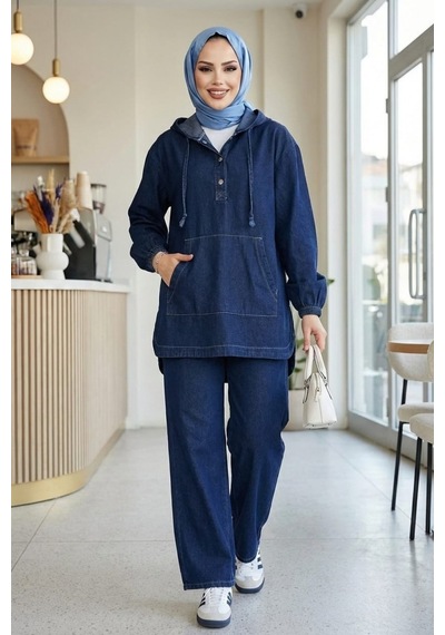 Hb Harma Time Butik Kadın Kapüşonlu, Düğmeli Ve Cepli Koyu Kot Mavi Tunik Pantolon İkili Takım Koyu Mavi Hb Harma Time Butik Kadın Kapüşonlu, Düğmeli Ve Cepli Koyu Kot Mavi Tunik Pantolon İkili Takım Koyu Mavi