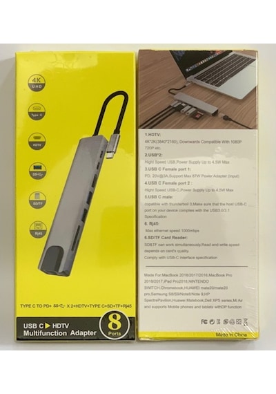 8 İn1 4K Type-C USB 3.0 Hub HDMI RJ45 SDTF Adaptörü