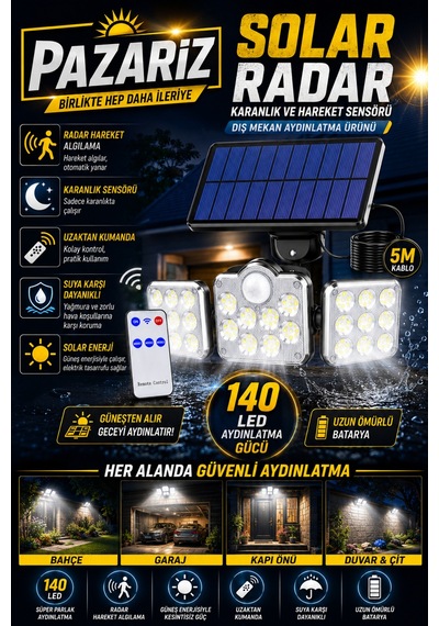 140 Led Güneş Enerjili Led Aydınlatma Solar Lamba Kumandalı 5 Metre Kablolu Bahçe Lambası 3 Modlu Kaliteli Sensörlü Solar Sokak Lambası 3 Başlı Hareket Sensörlü Dış Mekan Güvenlik Lambası