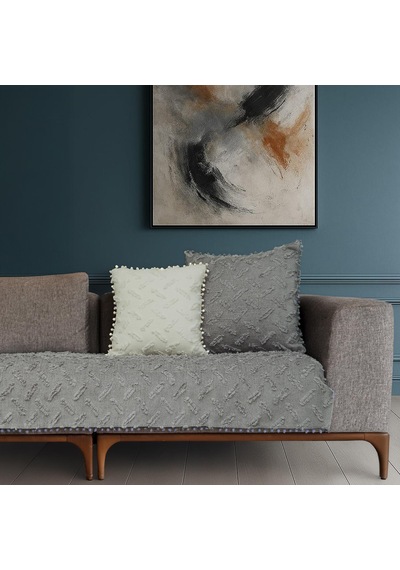 Ponela Bohem Ponponlu Koltuk Örtüsü 90x200 Cm Sadece Oturma Alanı 1 Adet - Gri