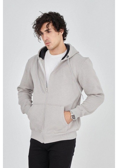 Mbb E-ticaret Erkek 3 İplik Pamuklu Fermuarlı Kapüşonlu Kanguru Cepli Hoodie Hırka Sweatshirt - Boyalı Gri
