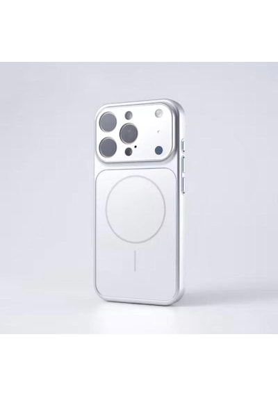 Apple Uyumlu iPhone 14 Pro Magsafe Kılıf 17 Pro Max Kamera Görünümlü Lens Korumalı Kapak Gümüş