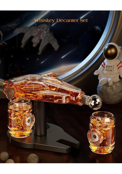 Kollea Uzay Gemisi Viski Karaf Seti 2 Manyetik Meşe Kadeh, Ahşap Stand, Sci-fi Temalı Hediye Sürahiler
