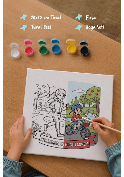 Her Zaman En Güçlü Annem Yazılı Eğitici Boyama Tuvali Şövalesiz Boya Seti 20x20 Cm
