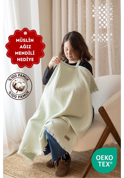 Zeypba 4 Katlı Müslin Emzirme Örtüsü & Puset Örtüsü Püsküllü 90x110 CM Su Yeşili