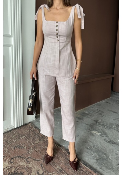 Moderie Butik Şantuk Keten Yelek Görünümlüaskılı Bluz - Pantolon Tk - Lila Lila