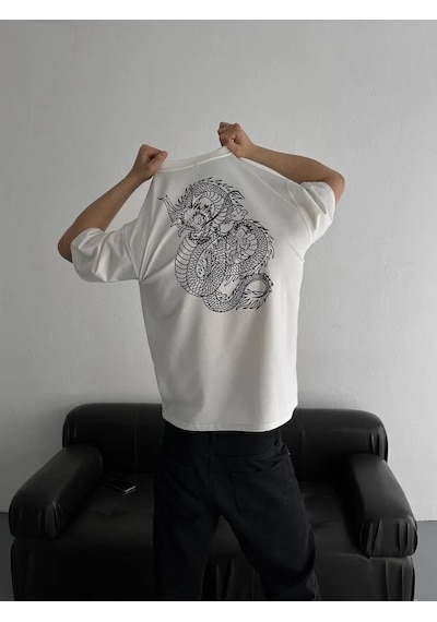 Erkek Baskılı Oversize Bisiklet Yaka Kısa Kol T-shirt - Beyaz Beyaz