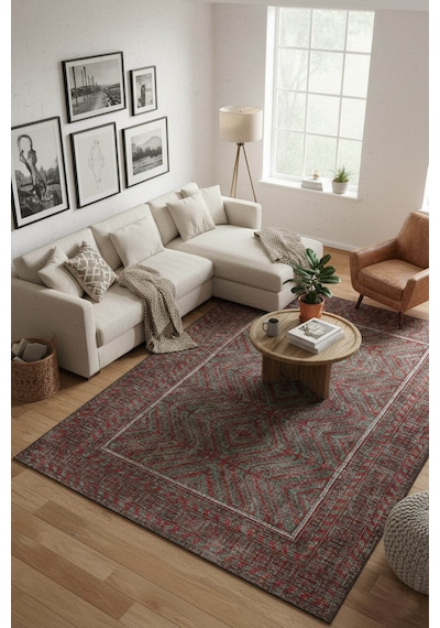 Artloop Relic Kırmızı / Turkuaz Vintage Dokulu Klasik Desenli Dokuma Tabanlı Şönil Halı Al 493 Kırmızı - Turkuaz