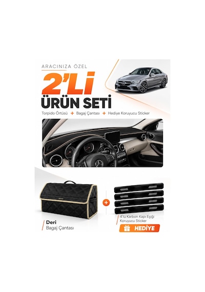 E-biz Mercedes W205 C-class 2018-2021 Uyumlu Torpido Örtüsü + Deri Çanta - Siyah-bej - Mb007