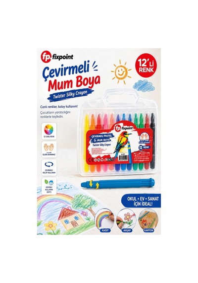 Çevirmeli Jel Mum Boya 12 Renk 1 Adet Fixpoint Plastik Çantalı 12 Li Mum Boya Kalemi Silinebilir Zararsız Yıkanabilir Çok Renkli