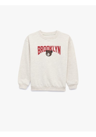 Koton Şardonlu Uzun Kollu Bisiklet Yaka Baskılı Oversize Sweatshirt Bej Melanj 7wmb10079tk