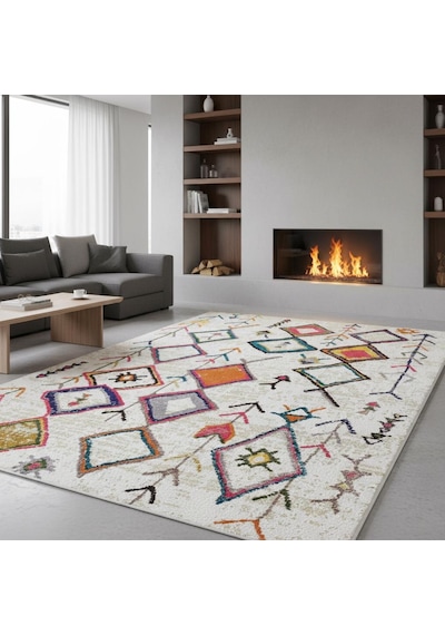 Krem Çok Renkli Boho Motifli Dijital Baskılı Halı Kaymaz Tabanlı, Geometrik Modern Desenli Salon