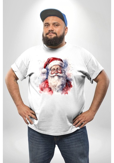 Angemiel Mutlu Noel Baba Yeni Yıl Tasarımı Beyaz Büyük Beden Kadın Erkek Ünisex Basic Ön Baskılı Tişört Beyaz