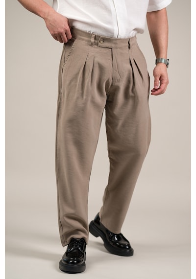 Akçaylar Çift Pileli Yazlık Modal Kumaş Beli Yarım Lastili Baggy Pantolon Krem