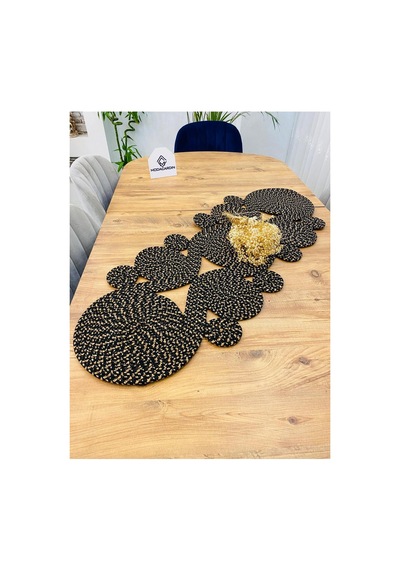 Jüt, Hasır,sarmal Model, Dekoratif Masa Örtüsü, Runner 40x110 Cm, Sehpa Örtüsü, Bohem Tarzı Jüt Siyah Jüt Siyah