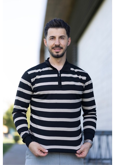 Hk Premium Kazak Fermuarlı Polo Yaka Çizgili Triko Sweatshirt Siyah