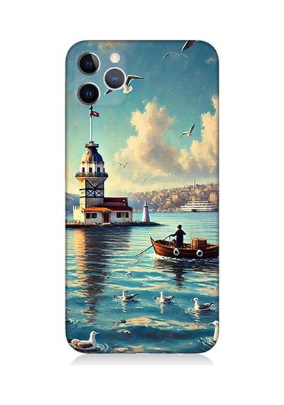 Apple iPhone 11 Pro Uyumlu Martılarla Kız Kulesi Desenli Silikon Kılıf Çok Renkli