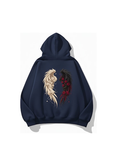 Uyguntarz Unisex Yumuşak Dokulu Güllü Kanat Baskılı Tasarım Oversize 3 İplik Hoodie Sweatshirt Indigo