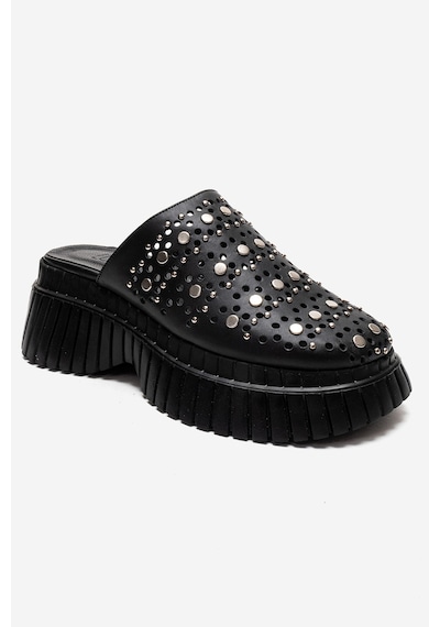 Luvishoes Harlow Siyah Cilt Hakiki Deri Troklu Kadın Dolgu Tabanlı Terlik
