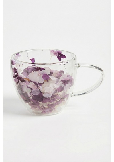 Makri Home Mor Beyaz Çiçekli Çift Cidarlı Cam Kupa, 350 Ml, 11 Cm X 8 Cm Çok Renkli