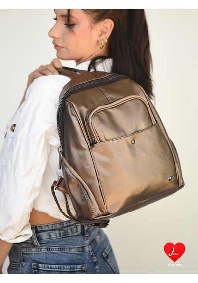 Jara Bag Freya Kadın Sırt Çantası Şık, Yumuşak Dokulu Ve 5 Bölmeli Bakır